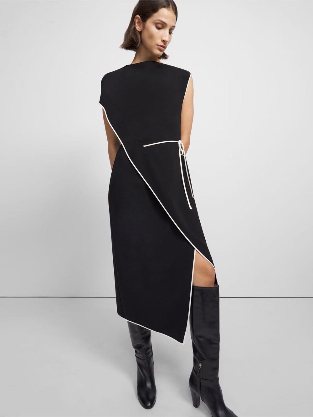 Theory Black and White Checker Asymmetrical Midi Dress with White Trim